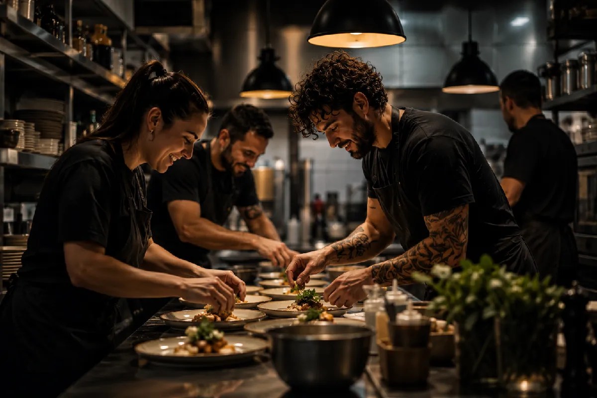 Equipo de cocina trabajando conjuntamente en la preparación de platos en un restaurante