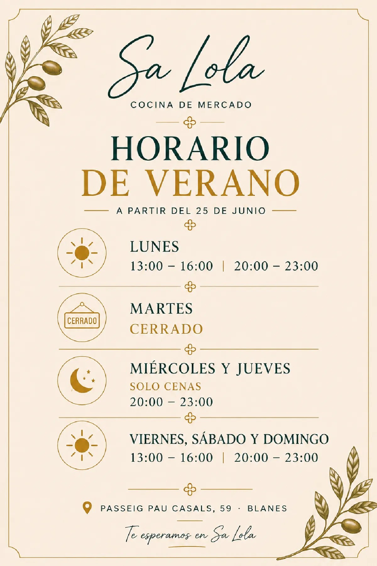 Horario de apertura del restaurante Sa Lola en Blanes
