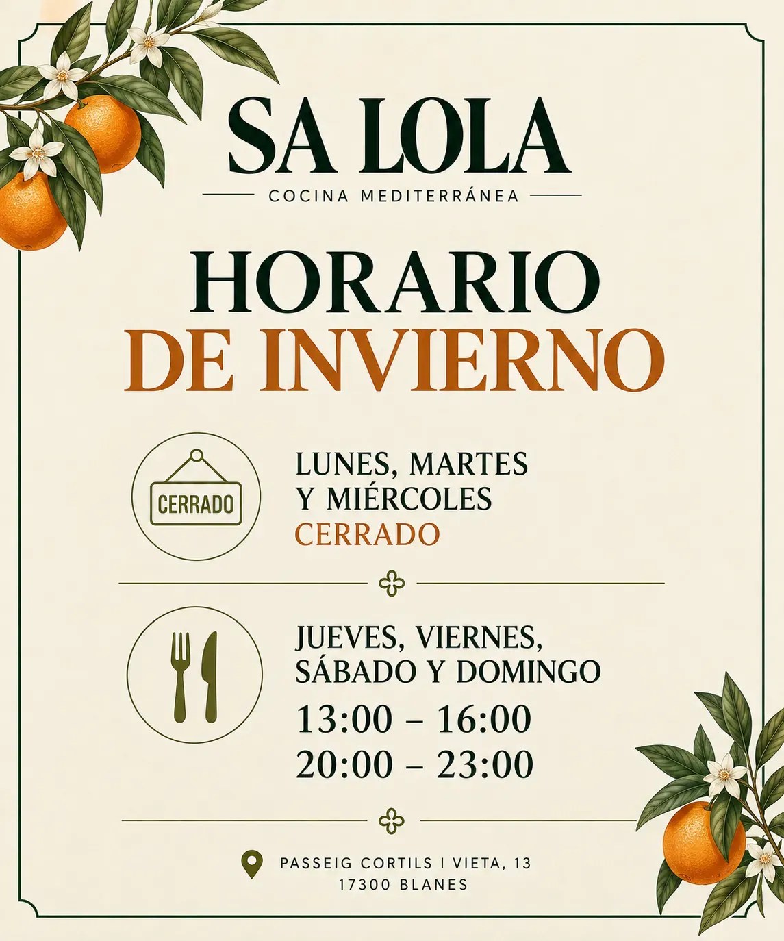 Horario de apertura del restaurante Sa Lola en Blanes